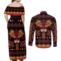 Papua Batik Motif Couples Matching Off Shoulder Maxi Dress and Long Sleeve Button Shirt Papua Spirit Black Version LT05 - Polynesian Pride
