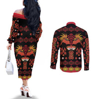 Papua Batik Motif Couples Matching Off The Shoulder Long Sleeve Dress and Long Sleeve Button Shirt Papua Spirit Black Version LT05 - Polynesian Pride