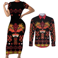 Papua Batik Motif Couples Matching Short Sleeve Bodycon Dress and Long Sleeve Button Shirt Papua Spirit Black Version LT05 Black - Polynesian Pride