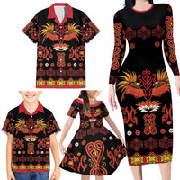 Papua Batik Motif Family Matching Long Sleeve Bodycon Dress and Hawaiian Shirt Papua Spirit Black Version LT05 - Polynesian Pride