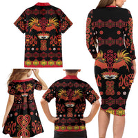 Papua Batik Motif Family Matching Long Sleeve Bodycon Dress and Hawaiian Shirt Papua Spirit Black Version LT05 - Polynesian Pride