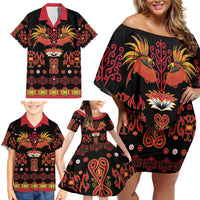 Papua Batik Motif Family Matching Off Shoulder Short Dress and Hawaiian Shirt Papua Spirit Black Version LT05 - Polynesian Pride