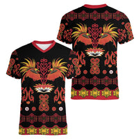 Papua Batik Motif Women V-Neck T-Shirt Papua Spirit Black Version LT05 - Polynesian Pride