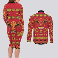 Papua Batik Motif Couples Matching Long Sleeve Bodycon Dress and Long Sleeve Button Shirt Papua Spirit Red Version LT05 - Polynesian Pride