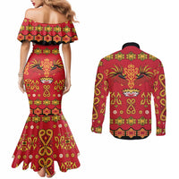 Papua Batik Motif Couples Matching Mermaid Dress and Long Sleeve Button Shirt Papua Spirit Red Version LT05 - Polynesian Pride