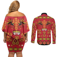 Papua Batik Motif Couples Matching Off Shoulder Short Dress and Long Sleeve Button Shirt Papua Spirit Red Version LT05 - Polynesian Pride