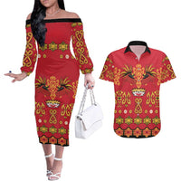Papua Batik Motif Couples Matching Off The Shoulder Long Sleeve Dress and Hawaiian Shirt Papua Spirit Red Version LT05 Red - Polynesian Pride