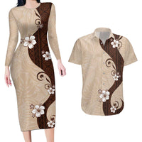 Polynesia Hibiscus Couples Matching Long Sleeve Bodycon Dress and Hawaiian Shirt Cameo Curve Motif LT05 Beige - Polynesian Pride
