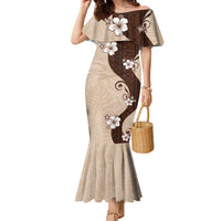 Polynesia Hibiscus Family Matching Mermaid Dress and Hawaiian Shirt Cameo Curve Motif LT05 Mom's Dress Beige - Polynesian Pride