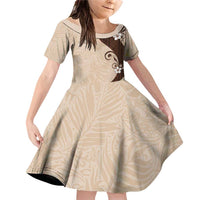 Polynesia Hibiscus Family Matching Off Shoulder Short Dress and Hawaiian Shirt Cameo Curve Motif LT05 Daughter's Dress Beige - Polynesian Pride