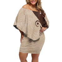 Polynesia Hibiscus Family Matching Off Shoulder Short Dress and Hawaiian Shirt Cameo Curve Motif LT05 Mom's Dress Beige - Polynesian Pride