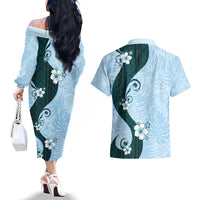 Polynesia Hibiscus Couples Matching Off The Shoulder Long Sleeve Dress and Hawaiian Shirt Sky Blue Curve Motif LT05 - Polynesian Pride
