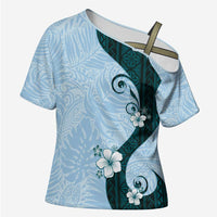 Polynesia Hibiscus Cross Shoulder Shirt Sky Blue Curve Motif - Polynesian Pride