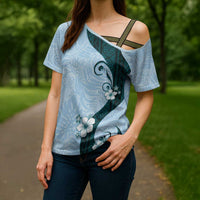 Polynesia Hibiscus Cross Shoulder Shirt Sky Blue Curve Motif - Polynesian Pride