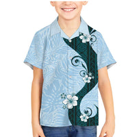 Polynesia Hibiscus Family Matching Mermaid Dress and Hawaiian Shirt Sky Blue Curve Motif LT05 Son's Shirt Blue - Polynesian Pride