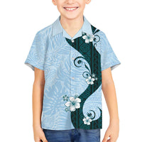 Polynesia Hibiscus Family Matching Off Shoulder Short Dress and Hawaiian Shirt Sky Blue Curve Motif LT05 Son's Shirt Blue - Polynesian Pride