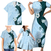 Polynesia Hibiscus Family Matching Short Sleeve Bodycon Dress and Hawaiian Shirt Sky Blue Curve Motif LT05 - Polynesian Pride