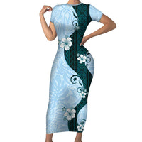 Polynesia Hibiscus Family Matching Short Sleeve Bodycon Dress and Hawaiian Shirt Sky Blue Curve Motif LT05 Mom's Dress Blue - Polynesian Pride