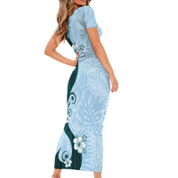 Polynesia Hibiscus Family Matching Short Sleeve Bodycon Dress and Hawaiian Shirt Sky Blue Curve Motif LT05 - Polynesian Pride