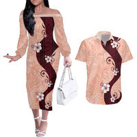 Polynesia Hibiscus Couples Matching Off The Shoulder Long Sleeve Dress and Hawaiian Shirt Rose Bud Curve Motif LT05 Red - Polynesian Pride