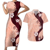 Polynesia Hibiscus Couples Matching Short Sleeve Bodycon Dress and Hawaiian Shirt Rose Bud Curve Motif LT05 Red - Polynesian Pride