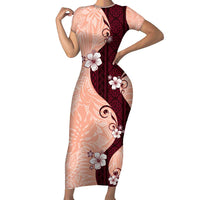 Polynesia Hibiscus Family Matching Short Sleeve Bodycon Dress and Hawaiian Shirt Rose Bud Curve Motif LT05 Mom's Dress Red - Polynesian Pride