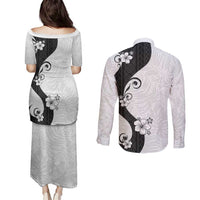 Polynesia Hibiscus Couples Matching Puletasi and Long Sleeve Button Shirt White Curve Motif - Polynesian Pride
