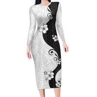 Polynesia Hibiscus Family Matching Long Sleeve Bodycon Dress and Hawaiian Shirt White Curve Motif LT05 Mom's Dress White - Polynesian Pride