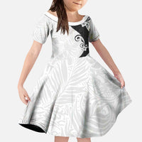 Polynesia Hibiscus Family Matching Off The Shoulder Long Sleeve Dress and Hawaiian Shirt White Curve Motif LT05 Daughter's Dress White - Polynesian Pride