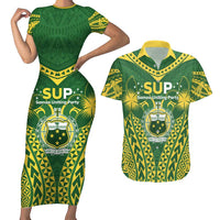 Samoa SUP Couples Matching Short Sleeve Bodycon Dress and Hawaiian Shirt Samoan Coat Of Arms LT05 Green - Polynesian Pride