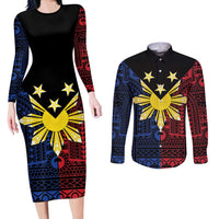Philippines Sun Star Couples Matching Long Sleeve Bodycon Dress and Long Sleeve Button Shirt Igorot Tribal Inspiration LT05 Black - Polynesian Pride