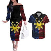 Philippines Sun Star Couples Matching Off The Shoulder Long Sleeve Dress and Hawaiian Shirt Igorot Tribal Inspiration LT05 Black - Polynesian Pride