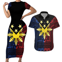 Philippines Sun Star Couples Matching Short Sleeve Bodycon Dress and Hawaiian Shirt Igorot Tribal Inspiration LT05 Black - Polynesian Pride
