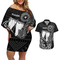 Personalized Hawaii Makahiki Season Couples Matching Off Shoulder Short Dress and Hawaiian Shirt Akua Loa Polynesian Pattern LT05 Black - Polynesian Pride