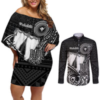 Personalized Hawaii Makahiki Season Couples Matching Off Shoulder Short Dress and Long Sleeve Button Shirts Akua Loa Polynesian Pattern LT05 Black - Polynesian Pride