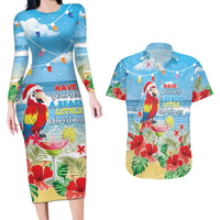 Hawaii Christmas Couples Matching Long Sleeve Bodycon Dress and Hawaiian Shirt Funny Macaw Parrot Tropical Vibe LT05 Blue - Polynesian Pride