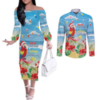 Hawaii Christmas Couples Matching Off The Shoulder Long Sleeve Dress and Long Sleeve Button Shirt Funny Macaw Parrot Tropical Vibe
