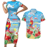 Hawaii Christmas Couples Matching Short Sleeve Bodycon Dress and Hawaiian Shirt Funny Macaw Parrot Tropical Vibe LT05 Blue - Polynesian Pride