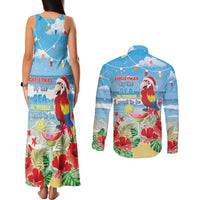 Hawaii Christmas Couples Matching Tank Maxi Dress and Long Sleeve Button Shirt Funny Macaw Parrot Tropical Vibe