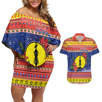 New Caledonia Christmas Couples Matching Off Shoulder Short Dress and Hawaiian Shirt Kanaky Poinsettia Joyeux Noel LT05 Red - Polynesian Pride