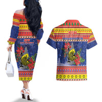 New Caledonia Christmas Couples Matching Off The Shoulder Long Sleeve Dress and Hawaiian Shirt Kanaky Poinsettia Joyeux Noel LT05 - Polynesian Pride