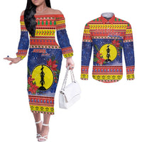 New Caledonia Christmas Couples Matching Off The Shoulder Long Sleeve Dress and Long Sleeve Button Shirt Kanaky Poinsettia Joyeux Noel LT05 Red - Polynesian Pride