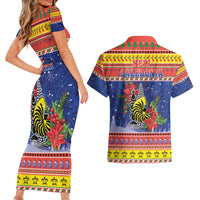 New Caledonia Christmas Couples Matching Short Sleeve Bodycon Dress and Hawaiian Shirt Kanaky Poinsettia Joyeux Noel LT05 - Polynesian Pride