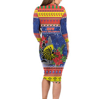 New Caledonia Christmas Long Sleeve Bodycon Dress Kanaky Poinsettia Joyeux Noel LT05 - Polynesian Pride