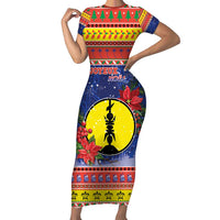 New Caledonia Christmas Short Sleeve Bodycon Dress Kanaky Poinsettia Joyeux Noel LT05 Long Dress Red - Polynesian Pride