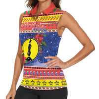 New Caledonia Christmas Women Sleeveless Polo Shirt Kanaky Poinsettia Joyeux Noel LT05 - Polynesian Pride