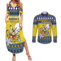 Niue The Rock Christmas Couples Matching Summer Maxi Dress and Long Sleeve Button Shirt Niuean Crab Monuina E Kilisimasi LT05 Blue - Polynesian Pride