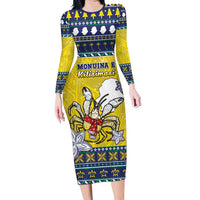 Niue The Rock Christmas Long Sleeve Bodycon Dress Niuean Crab Monuina E Kilisimasi LT05 Long Dress Blue - Polynesian Pride