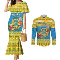 Tuvalu Christmas Couples Matching Mermaid Dress and Long Sleeve Button Shirt Coat Of Arms Manuia Te Kilisimasi LT05 Yellow - Polynesian Pride
