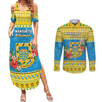 Tuvalu Christmas Couples Matching Summer Maxi Dress and Long Sleeve Button Shirt Coat Of Arms Manuia Te Kilisimasi LT05 Yellow - Polynesian Pride